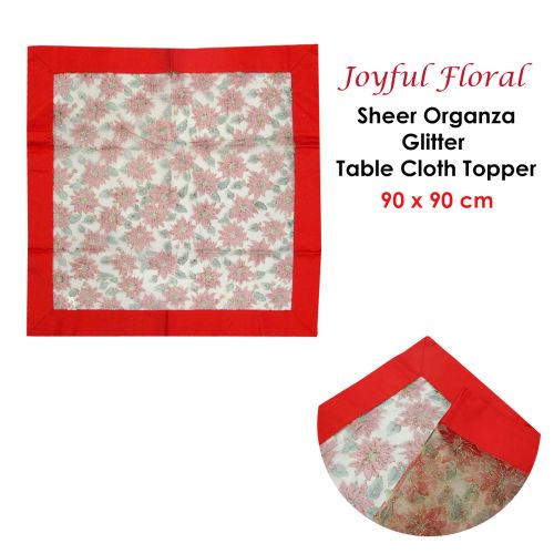 Christmas Red Joyful Floral Sheer Organza Glitter Table Cloth Topper 90 x 90 cm