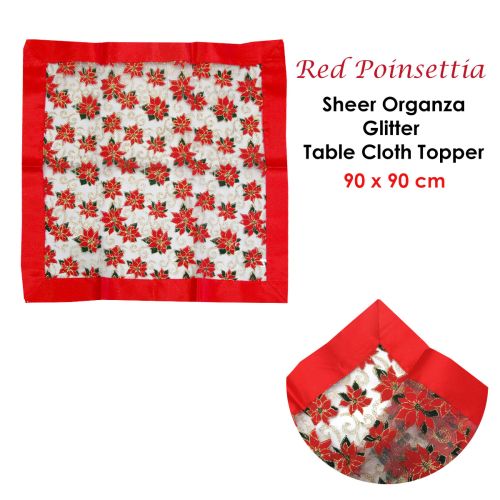 Christmas Red Poinsettia Sheer Organza Glitter Table Cloth Topper 90 x 90 cm