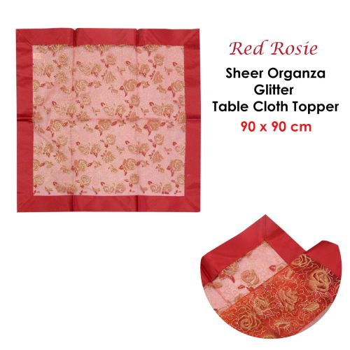 Christmas Red Rosie Sheer Organza Glitter Table Cloth Topper 90 x 90 cm