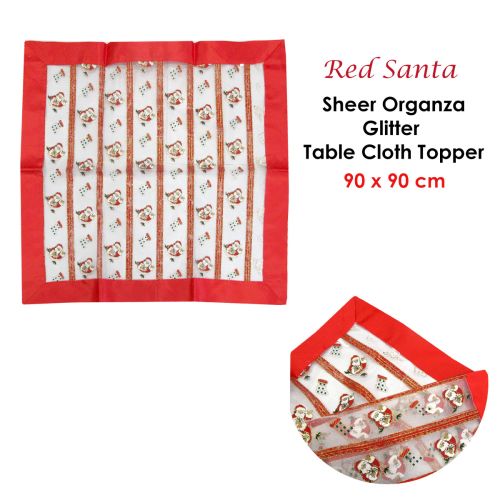 Christmas Red Santa Sheer Organza Glitter Table Cloth Topper 90 x 90 cm