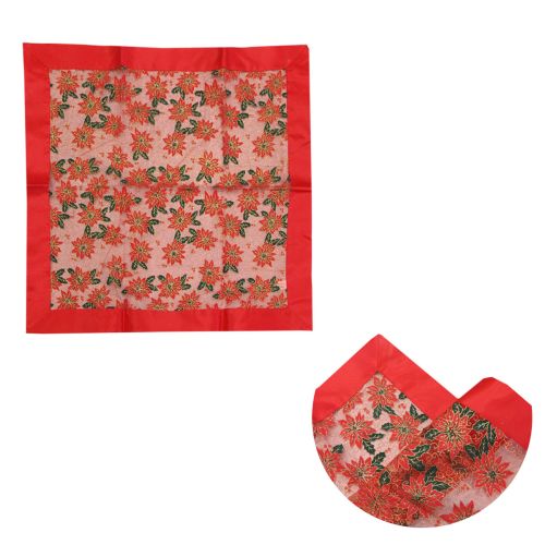 Christmas Red Swirl Floral Sheer Organza Glitter Table Cloth Topper 90 x 90 cm