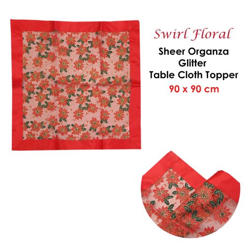 Christmas Red Swirl Floral Sheer Organza Glitter Table Cloth Topper 90 x 90 cm