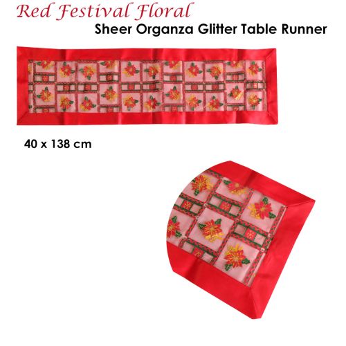 Christmas Red Festival Floral Sheer Organza Glitter Table Runner 40 x 138 cm