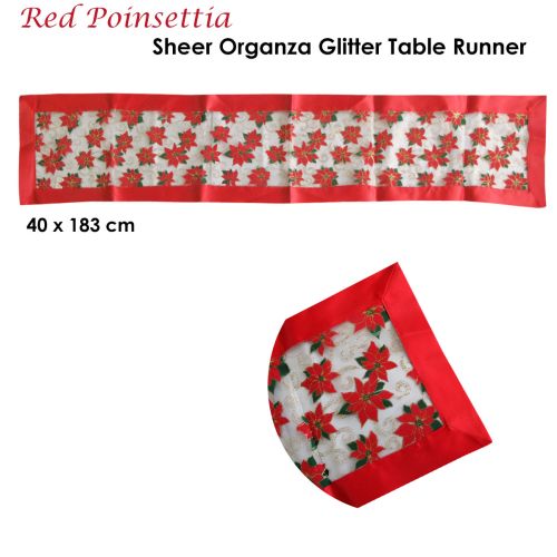 Christmas Red Poinsettia Sheer Organza Glitter Table Runner 40 x 183 cm