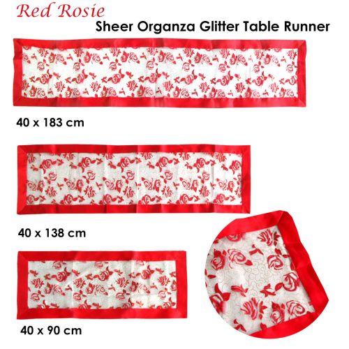 Christmas Red Rosie Sheer Organza Glitter Table Runner