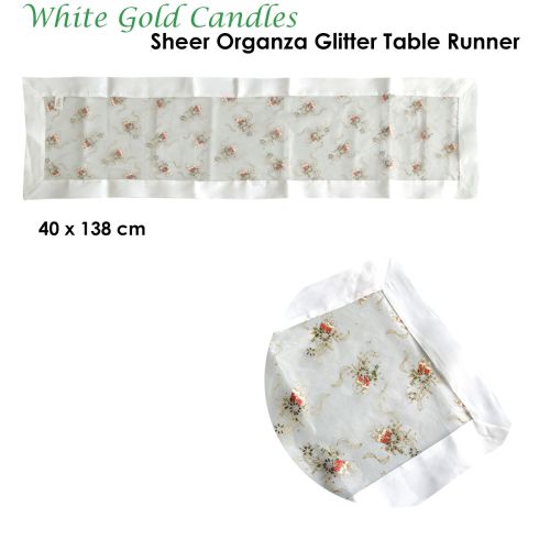 Christmas White Gold Candles Sheer Organza Glitter Table Runner