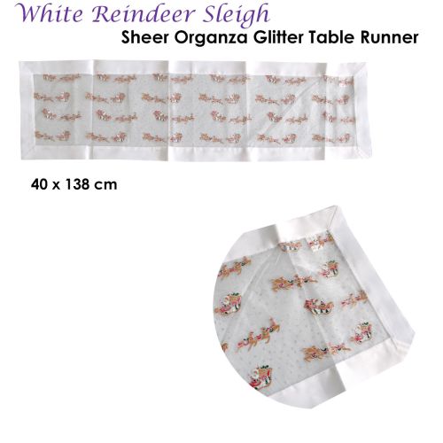 Christmas White Reindeer Sleigh Sheer Organza Glitter Table Runner 40 x 138 cm