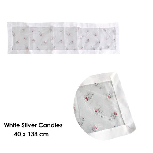 Christmas White Silver Candles Sheer Organza Glitter Table Runner