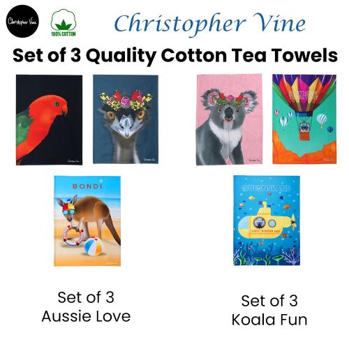 Set of 3 Christopher Vine Design 100% Cotton Tea Towels 50 x 70 cm