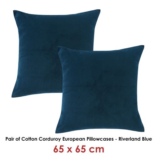 Pair of Riverland Blue Cotton Corduroy European Pillowcases by Vintage Design Homewares