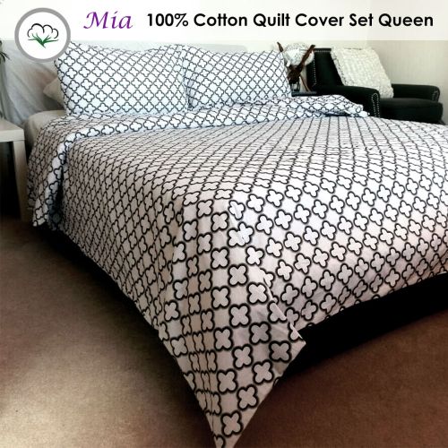 Mia White 100% Cotton Quilt Cover Set Queen