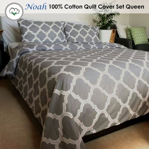 Noah Grey 100% Cotton Quilt Cover Set Queen