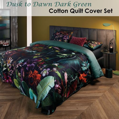 Dusk to Dawn Dark Green Cotton Sateen Quilt Cover Set by Bedding House