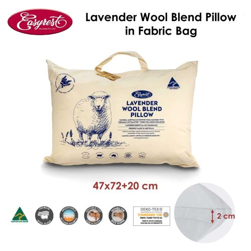 Lavender Wool Blend Standard Pillow in Fabric Bag 47 x 72 + 20 cm by Easyrest