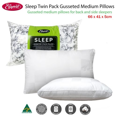 Sleep Twin Pack Gusseted Medium Standard Pillows 66 x 41 x 5 cm by Easyrest