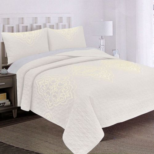 3 Pce Lightly Quilted Embroidery Coverlet Set Elle White
