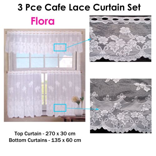 3 Pce Cafe Flora Lace Curtain Set