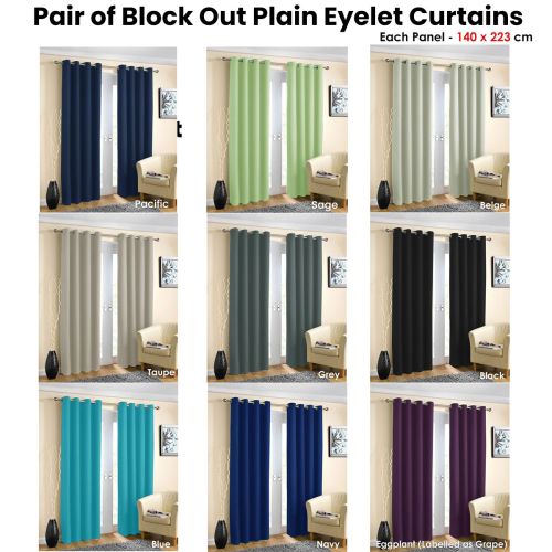 Pair of Blockout Plain Eyelet Curtains 140 x 223 cm