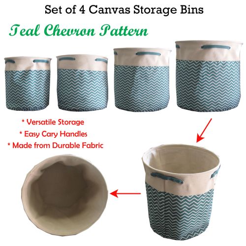 Set of 4 Canvas Storage Bins Teal Chevron Round