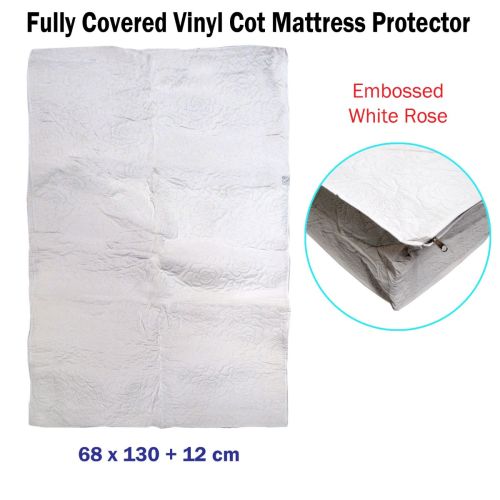 Fully Covered Vinyl Cot Mattress Protector Embossed Rose White 68 x 130 + 12 cm