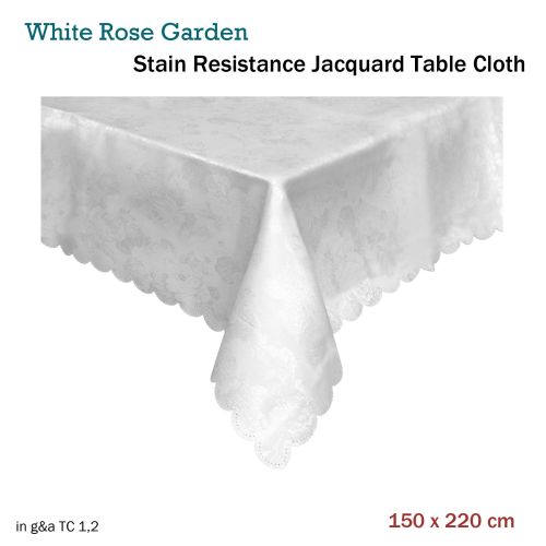 Jacquard Table Cloth White Rose Garden 150 x 220 cm