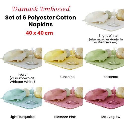 Set of 6 Damask Embossed Polyester Cotton Napkins 40 x 40 cm by Hoydu