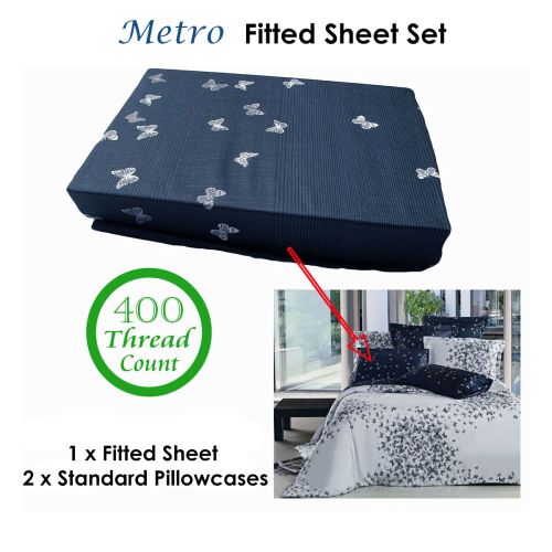 400TC 100% Woven Cotton Sateen Fitted Sheet Set Metro Navy King by Grand Aterlier