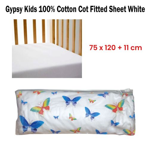 Gypsy Kids 100% Cotton Cot Fitted Sheet White 75 x 120 + 11 cm