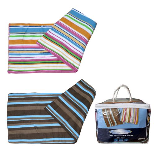 Harmonia Twin Pack Multi Colour Stripes Polar Fleece Throw/Blanket 139 x 193 cm