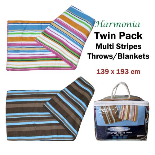Harmonia Twin Pack Multi Colour Stripes Polar Fleece Throw/Blanket 139 x 193 cm