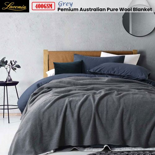 400GSM Premium Australian Pure Wool Blanket Grey by Laconia