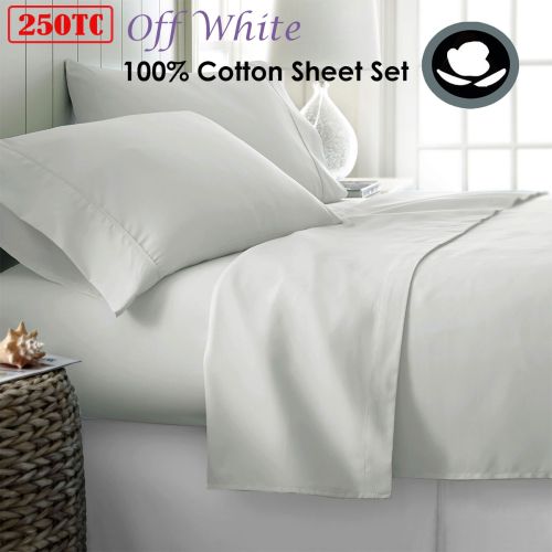 250TC 100% Cotton Sheet Set Off White Single by Hotel Living