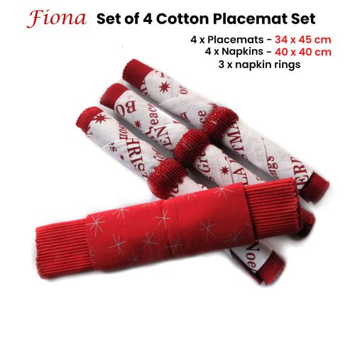 Set of 4 Fiona Cotton Placemats with Napkins and Napkin Rings Red White