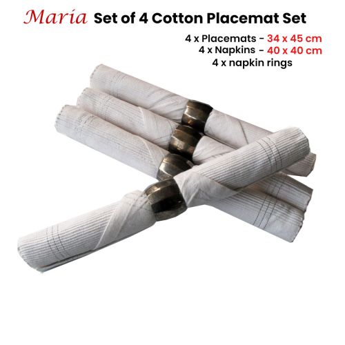 Set of 4 Maria Cotton Placemats with Napkins and Napkin Rings White