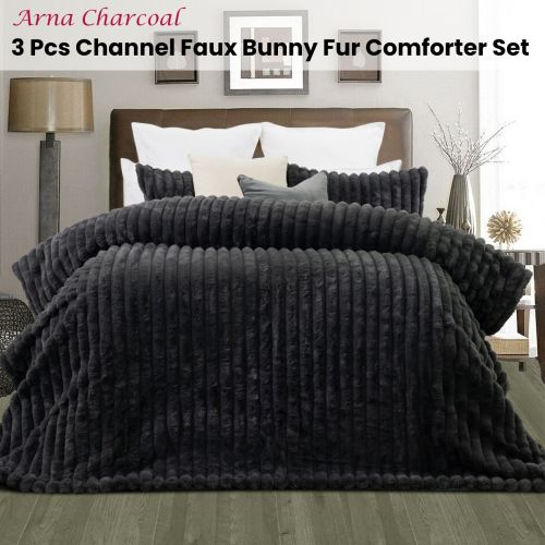 Arna Charcoal 3 Pcs Channel Faux Bunny Fur Comforter Set by Jane Barrington