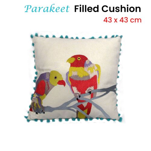 Parakeet Bird Embroidered & Filled Cushion 43 x 43 cm by J.elliot