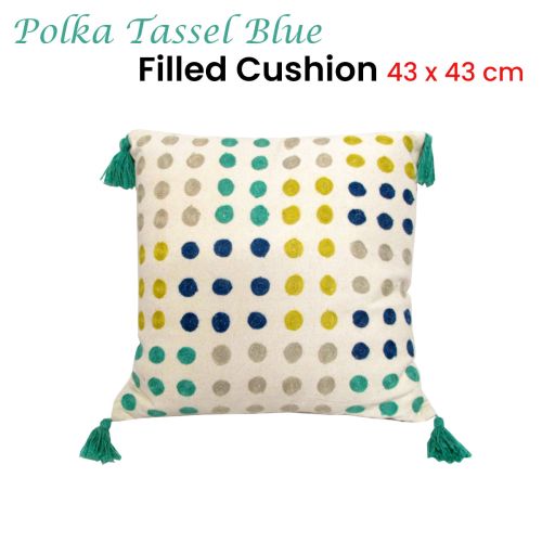 Polka Dots Tassel Blue Filled Cushion 43 x 43 cm by J.elliot