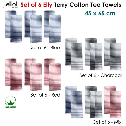 Set of 6 Elly 100% Cotton Terry Tea Towels 45 x 65 cm by J.elliot