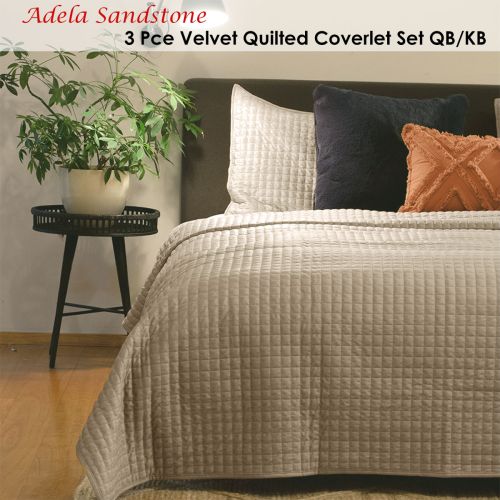Adela Sandstone Velvet Quilted Coverlet Set Queen/King by J Elliot Home