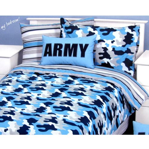 Kids Workshop Army Camouflage Blue Quilt Cover Set Single