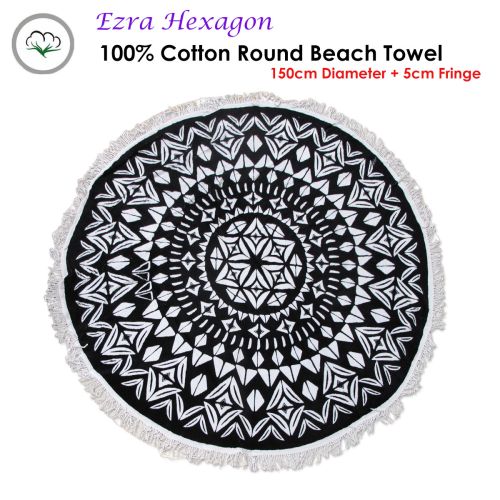 Ezra Hexagon 100% Cotton Round Beach Towel 150cm Diameter + 5cm Fringe