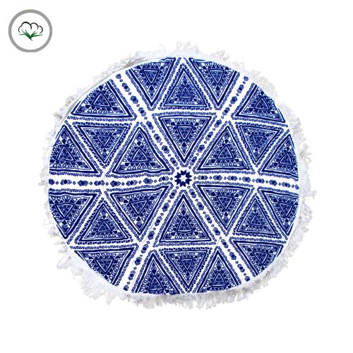 Zulu Triangle Blue 100% Cotton Round Beach Towel 150cm Diameter + 5cm Fringe