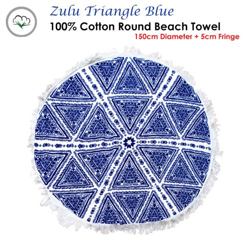 Zulu Triangle Blue 100% Cotton Round Beach Towel 150cm Diameter + 5cm Fringe