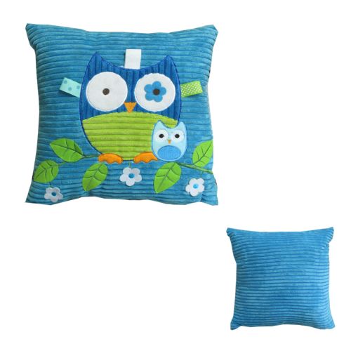 Blue Owl Embroidered Applique Square Cushion 35 x 35 cm