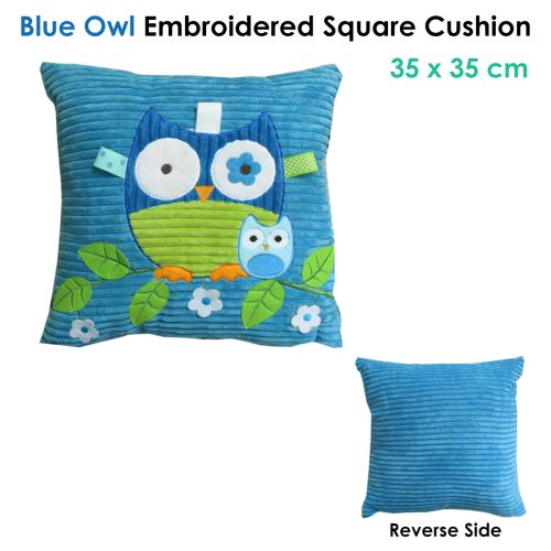 Blue Owl Embroidered Applique Square Cushion 35 x 35 cm