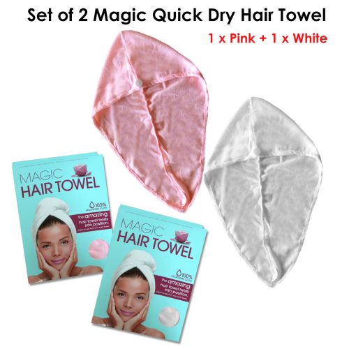 Set of 2 Magic Quick Dry Microfibre Hair Dryer Towels Pink + White