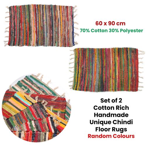 Set of 2 Random Colour Hand Made Cotton Rich Chindi Floor Rugs 60 x 90 cm