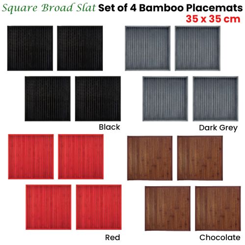 Set of 4 Square Broad Slat Bamboo Table Placemats 35 x 35cm