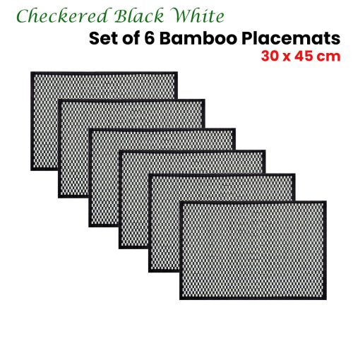Set of 6 Checkered Black White Bamboo Table Placemats 30 x 45cm