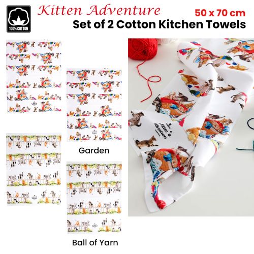 Set of 2 Kitten Adventures Cotton Kitchen Tea Towels 50 x 70 cm